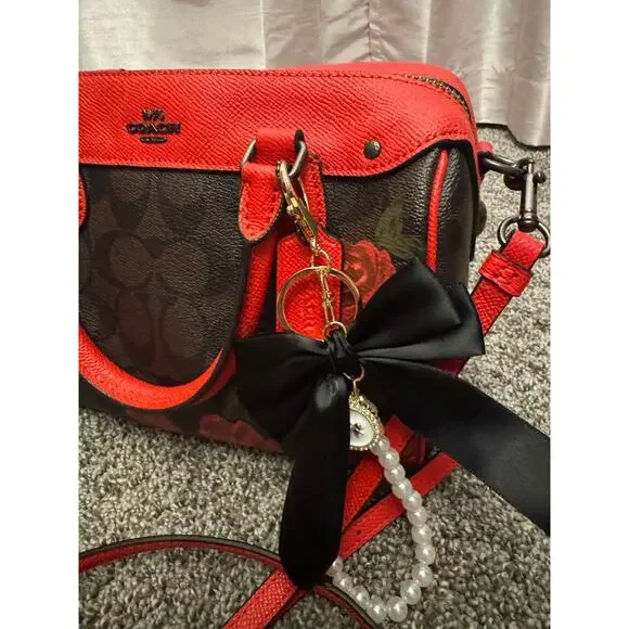 STUNNING Coach Rowan Red Leather Trim black, brown & Rose Print - Picture 5 of 12